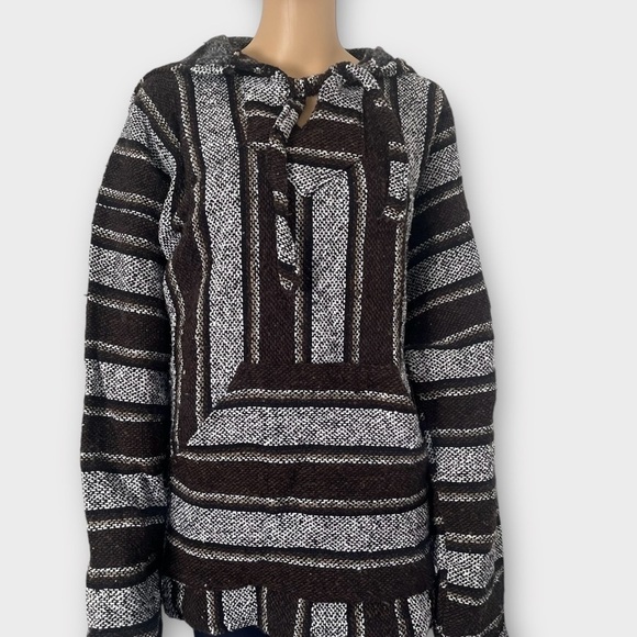 Authentic Mexican Baja woven pullover hoodie boxy wide stripes black gray WomenM - Picture 2 of 12
